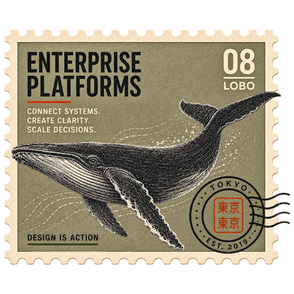 A vintage engraved postage stamp titled Enterprise Platforms, number 08, Lobo, showing a humpback whale on a sage field with the lines "Connect systems. Create clarity. Scale decisions," a Tokyo postmark cancellation, and "Design is action."