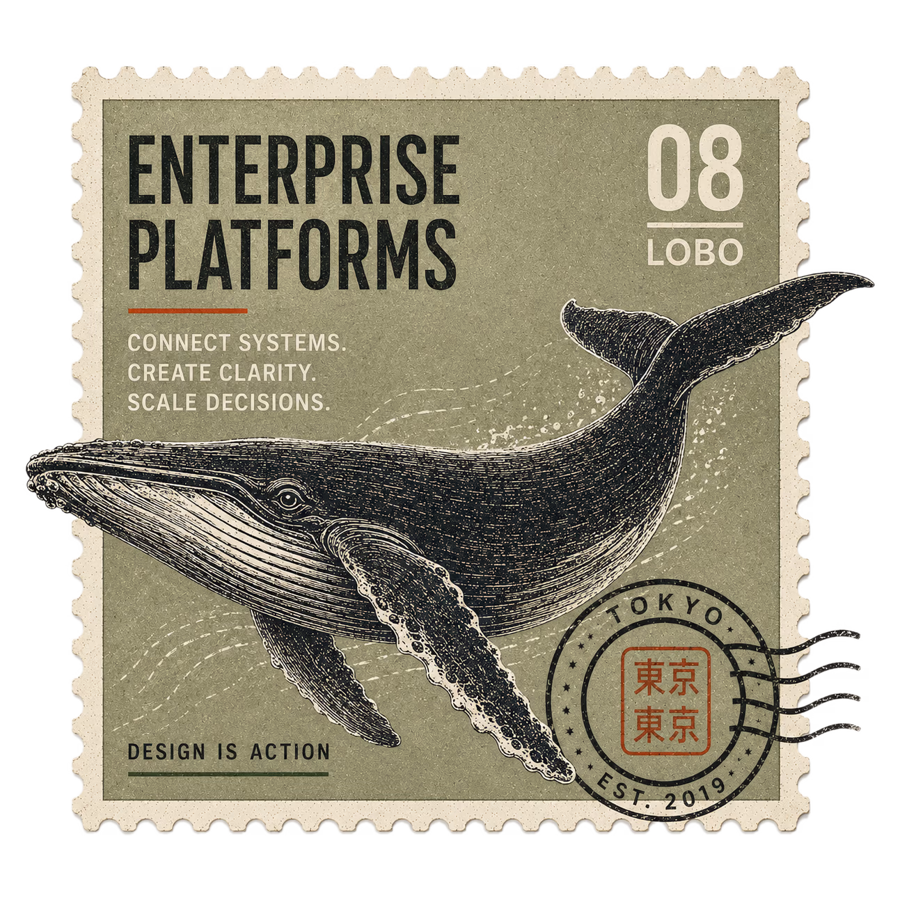 A vintage engraved postage stamp titled Enterprise Platforms, number 08, Lobo, showing a humpback whale on a sage field with the lines "Connect systems. Create clarity. Scale decisions," a Tokyo postmark cancellation, and "Design is action."
