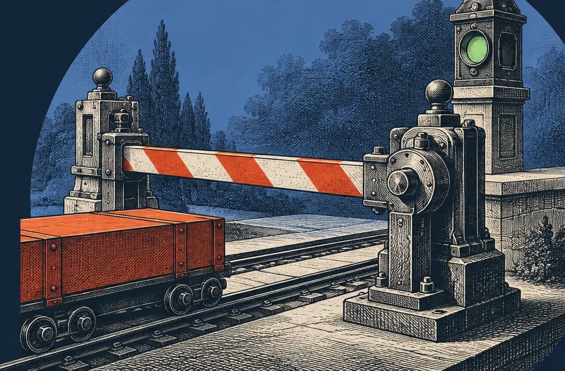 Propose freely. Execute with authority. An engraved rail barrier lowered in front of a loaded cart, with a green signal lamp behind it.