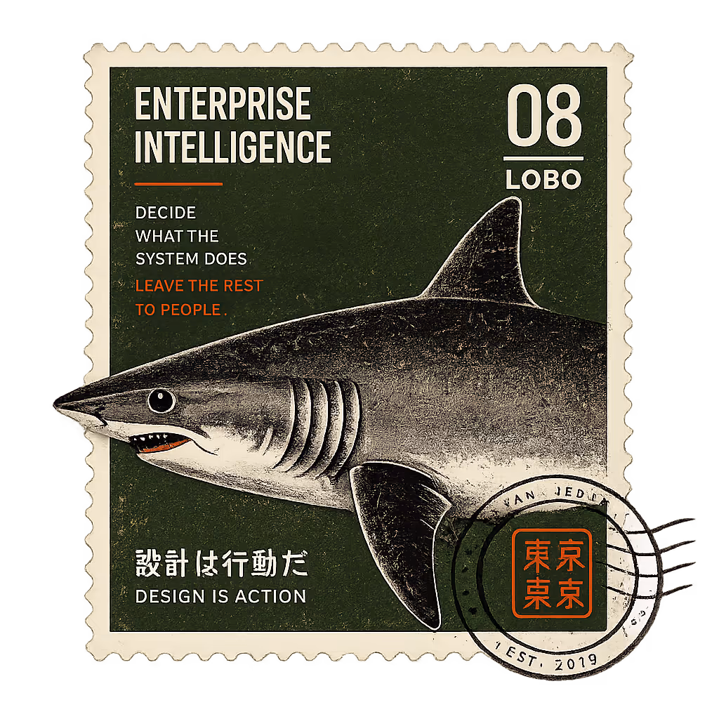 A vintage engraved postage stamp titled Enterprise Intelligence, number 08, Lobo, showing a shark on a deep green field with the line "Decide what the system does. Leave the rest to people," a Tokyo postmark cancellation, and the Japanese line for "Design is action."