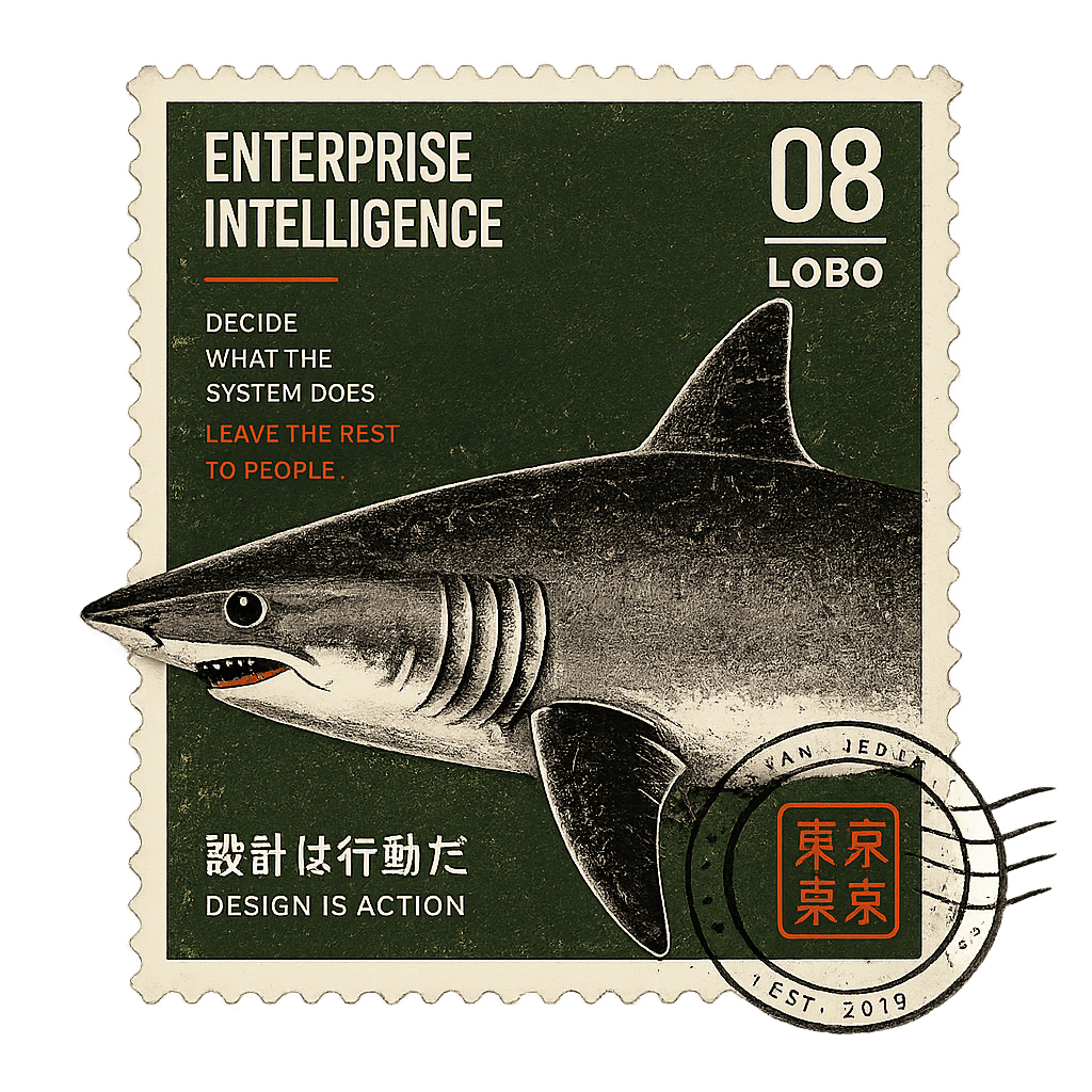 A vintage engraved postage stamp titled Enterprise Intelligence, number 08, Lobo, showing a shark on a deep green field with the line "Decide what the system does. Leave the rest to people," a Tokyo postmark cancellation, and the Japanese line for "Design is action."