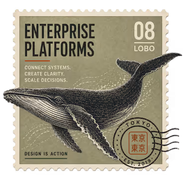 A vintage engraved postage stamp titled Enterprise Platforms, number 08, Lobo, showing a humpback whale on a sage field with the lines "Connect systems. Create clarity. Scale decisions," a Tokyo postmark cancellation, and "Design is action."