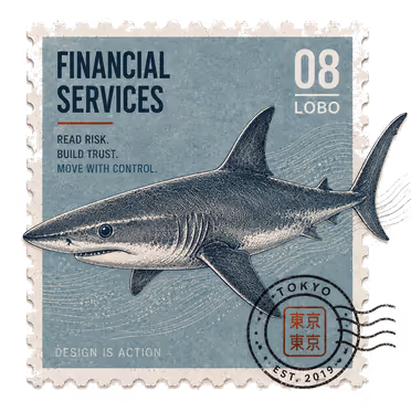 A vintage engraved postage stamp titled Financial Services, number 08, Lobo, showing a shark on a slate-blue field with the lines "Read risk. Build trust. Move with control," a Tokyo postmark cancellation, and "Design is action."