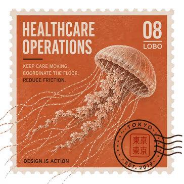 A vintage engraved postage stamp titled Healthcare Operations, number 08, Lobo, showing a jellyfish on a rust-orange field with the lines "Keep care moving. Coordinate the floor. Reduce friction," a Tokyo postmark cancellation, and "Design is action."