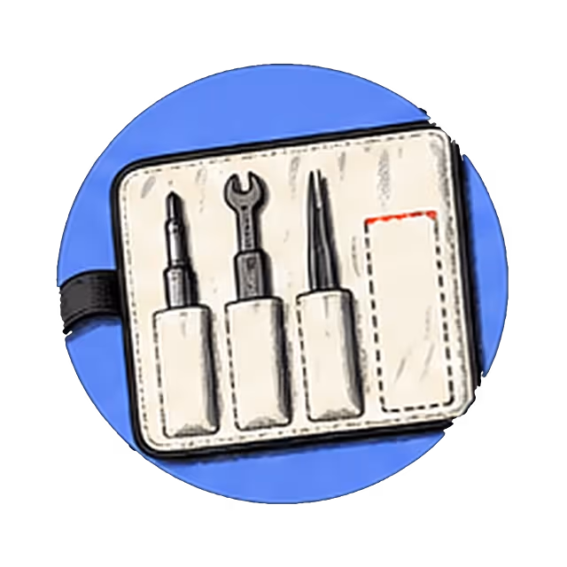 A tool roll with three tools in their pockets and one pocket outlined empty