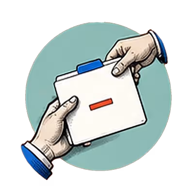 One hand passing a folder to another