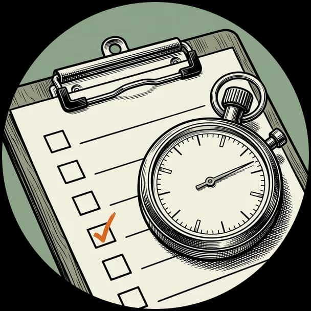 A stopwatch resting on a checklist with one item ticked