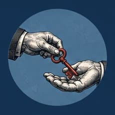 One hand passing a red key to another