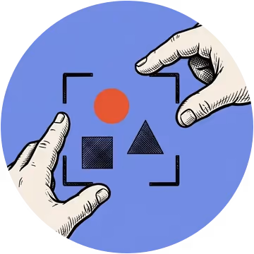 Etched illustration of two hands framing a circle, a square and a triangle