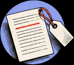 A page of text with a red-corded tag tied to its corner