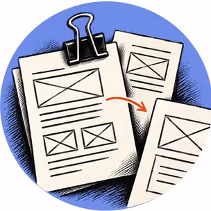 A clipped stack of wireframe sheets with an arrow to a loose one