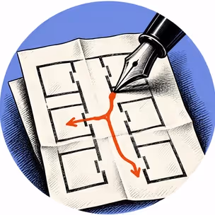 A pen drawing branching routes onto a folded floor plan