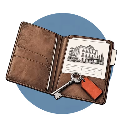 An open travel wallet holding a hotel booking and a room key