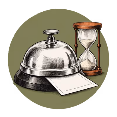 A front desk bell beside an hourglass