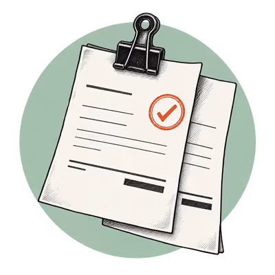 A clipped document stamped with a check mark