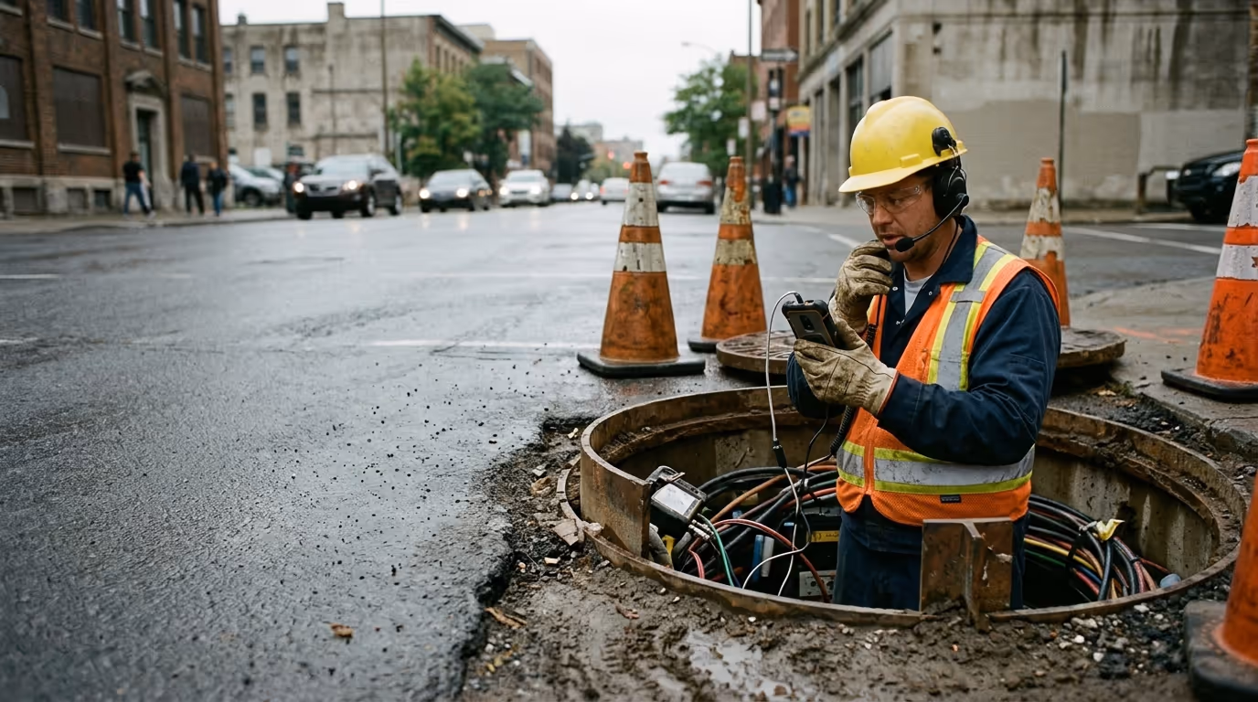 Fibre technician in an open vault, headset on, holding a phone