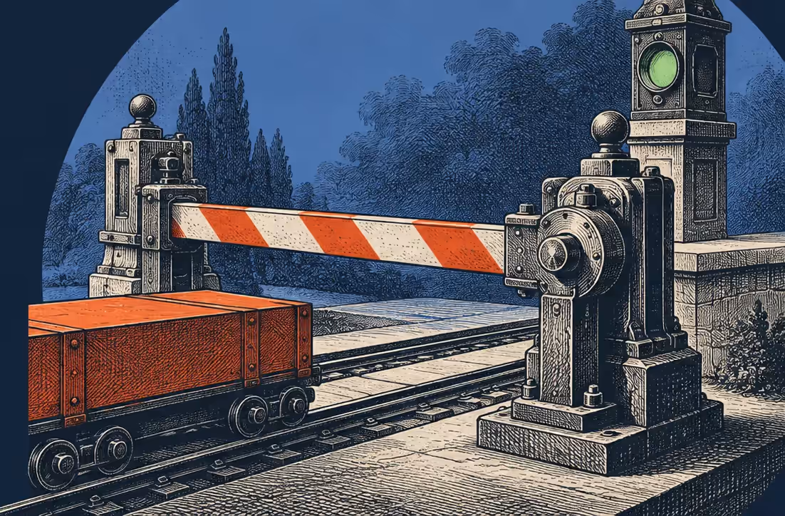 Propose freely. Execute with authority. An engraved rail barrier lowered in front of a loaded cart, with a green signal lamp behind it.