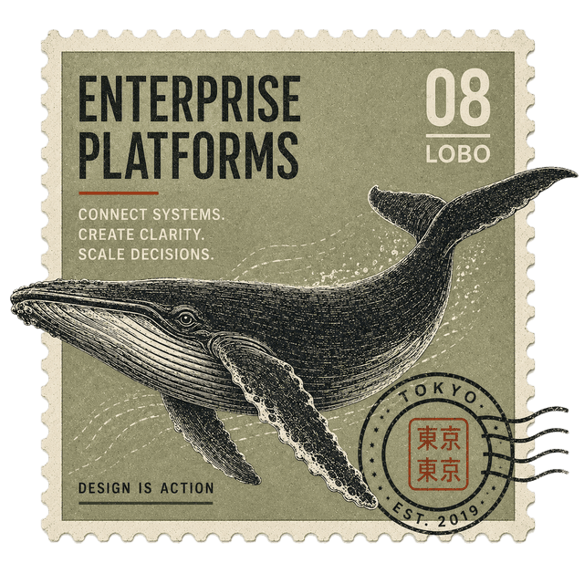 A vintage engraved postage stamp titled Enterprise Platforms, number 08, Lobo, showing a humpback whale on a sage field with the lines "Connect systems. Create clarity. Scale decisions," a Tokyo postmark cancellation, and "Design is action."