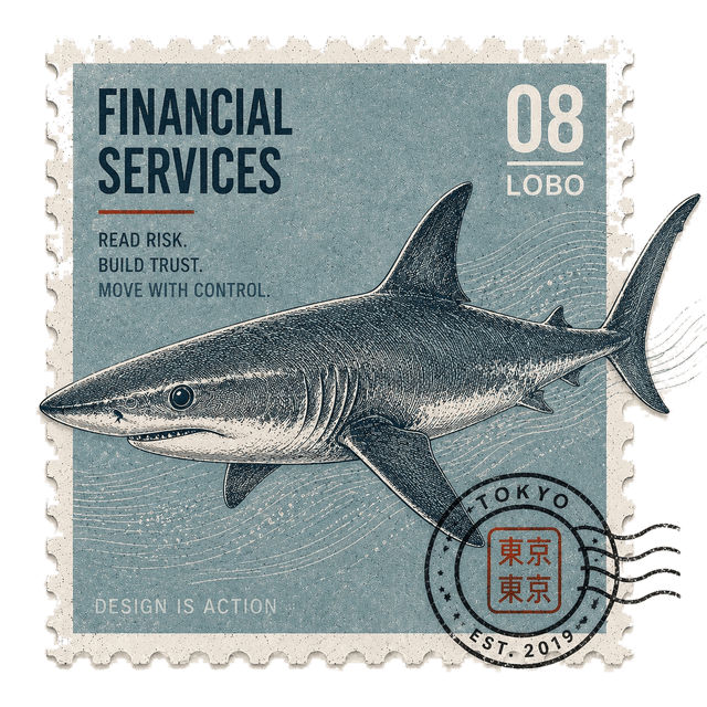 A vintage engraved postage stamp titled Financial Services, number 08, Lobo, showing a shark on a slate-blue field with the lines "Read risk. Build trust. Move with control," a Tokyo postmark cancellation, and "Design is action."