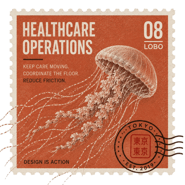 A vintage engraved postage stamp titled Healthcare Operations, number 08, Lobo, showing a jellyfish on a rust-orange field with the lines "Keep care moving. Coordinate the floor. Reduce friction," a Tokyo postmark cancellation, and "Design is action."
