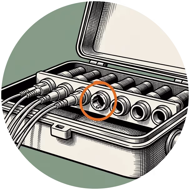 A fibre terminal with one open port circled