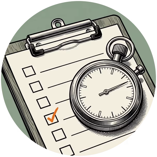 A stopwatch resting on a checklist with one item ticked