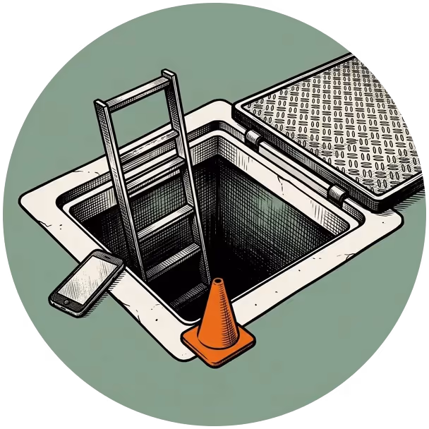 An open utility vault with a ladder and a phone on the rim