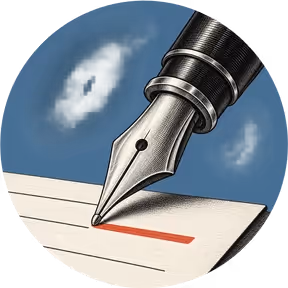 A fountain pen drawing a red line on a ruled sheet