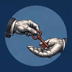 One hand passing a red key to another