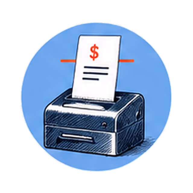A printer feeding out a dollar receipt that crosses a red line