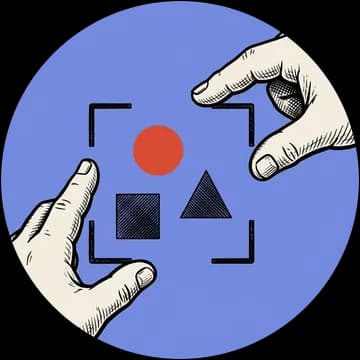 Etched illustration of two hands framing a circle, a square and a triangle