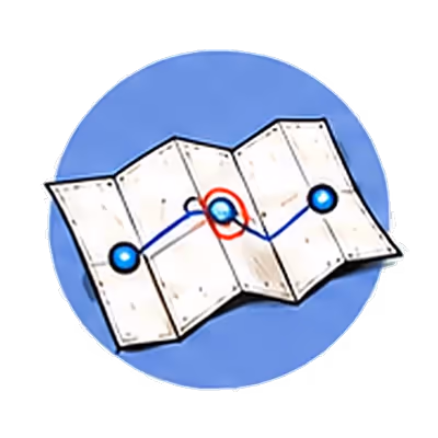 A folded map with a route through three stops, the middle one circled
