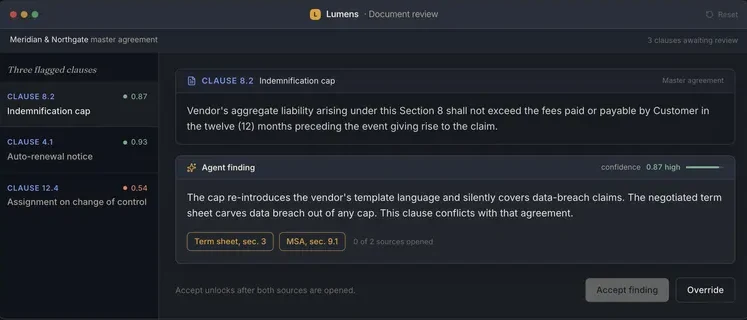 The current surface: clause and agent finding in separate titled panels, clause references in mono, and a labelled Open full view control on the band above the window.