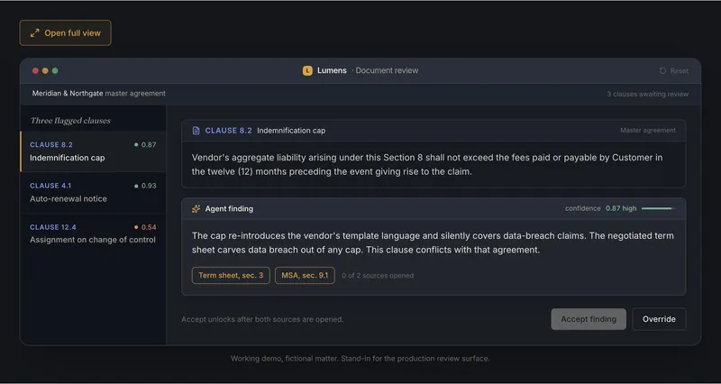 The current surface: clause and agent finding in separate titled panels, clause references in mono, and a labelled Open full view control on the band above the window.