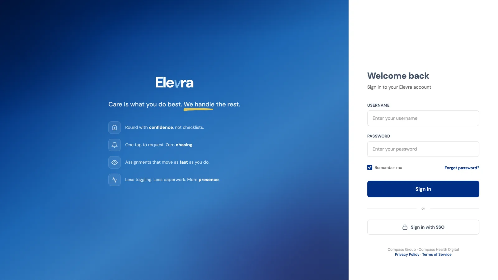 A close crop of the login screen's blue brand panel, a solid saturated blue gradient with the Elevra wordmark and tagline.