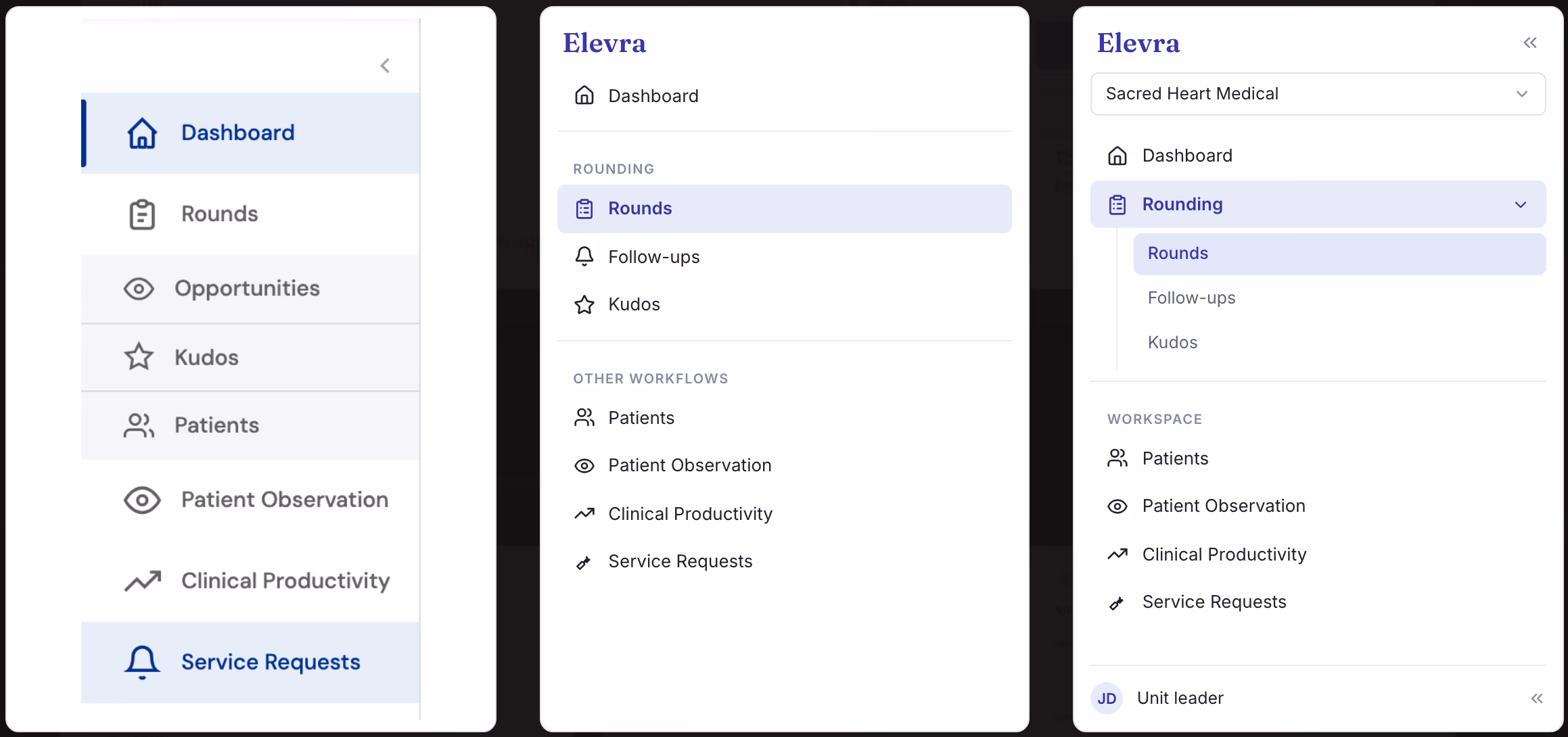 Three stages of Elevra's left sidebar side by side: a flat rail, the rail grouped into Rounding and Other Workflows, and the rail focused into the Rounding module with a site switcher.