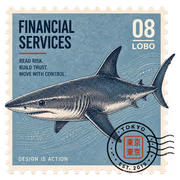 A vintage engraved postage stamp titled Financial Services, number 08, Lobo, showing a shark on a slate-blue field with the lines "Read risk. Build trust. Move with control," a Tokyo postmark cancellation, and "Design is action."