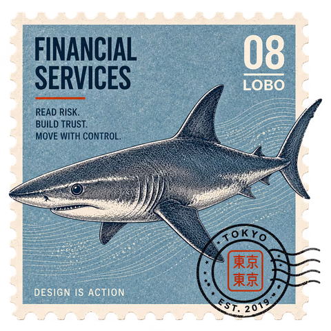 A vintage engraved postage stamp titled Financial Services, number 08, Lobo, showing a shark on a slate-blue field with the lines "Read risk. Build trust. Move with control," a Tokyo postmark cancellation, and "Design is action."