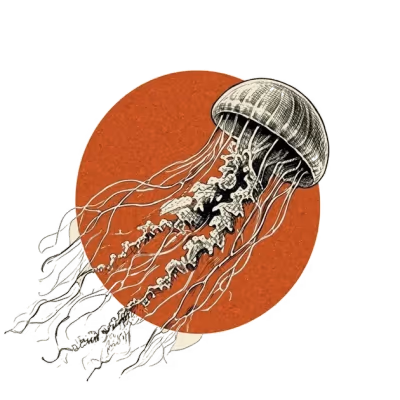 An engraved jellyfish over a rust disc.