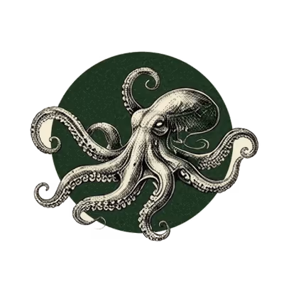 An engraved octopus over a deep green disc.